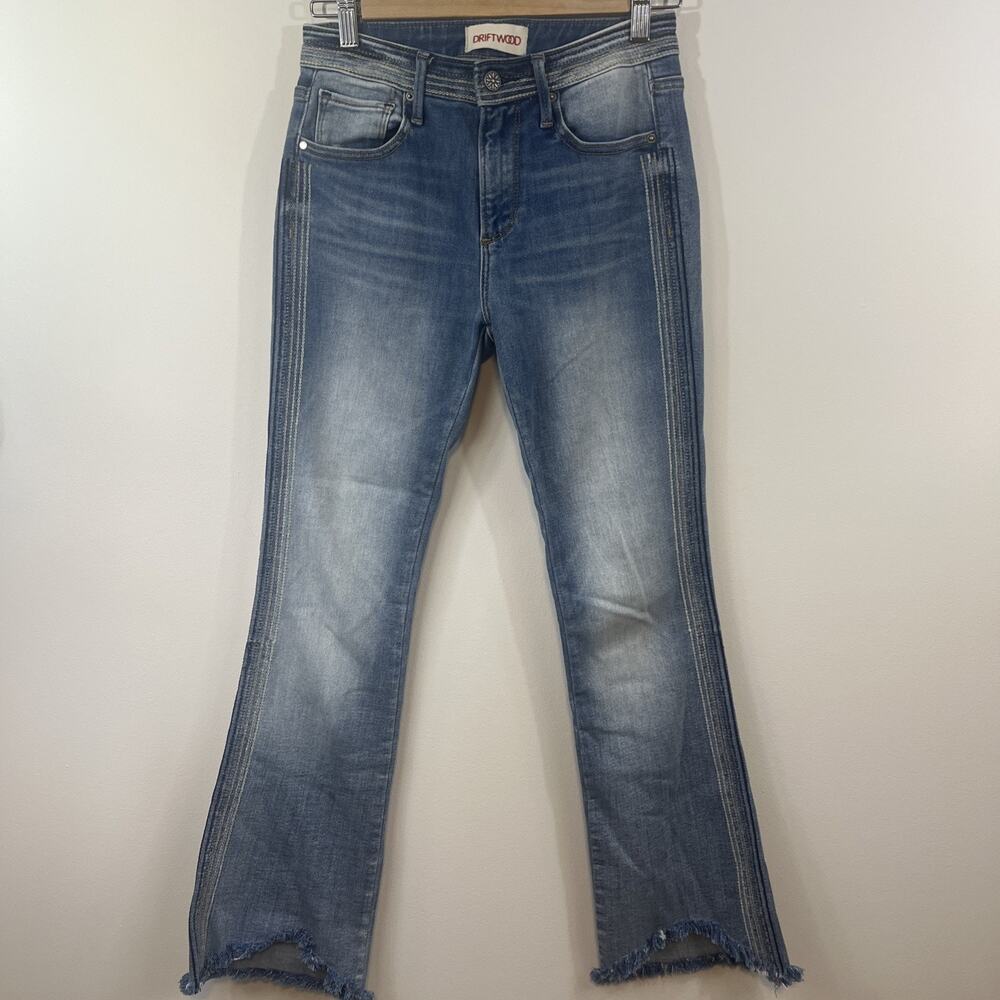 Driftwood Isabel Jeans Womens 25 Blue Frayed Hem Bootcut Stretch Denim Mid Rise
